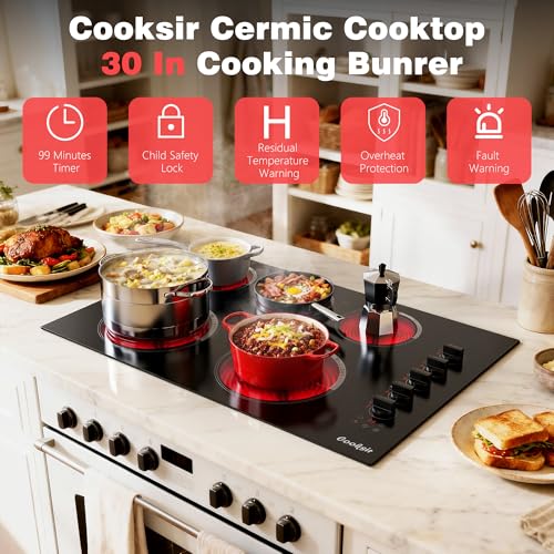 Image of Upgraded 29.13 Inch Electric(Cut-out Size: 29.13 inchx19.3 inch) Cooktop 5 Burners - 30 Inch Powerful 8600W Built-in Electrical Stovetop Burner Knob Control, Timer, Safety Lock, 240V Hard Wired