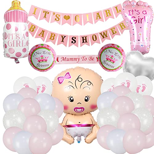 Baby Shower Dekorationen, Babyparty Deko Mädchen mit Babyshower Girl Set, Rosa Deko Babyparty Mädchen luftballons, Rosa Gender Reveal Party Dekoration mit Mädchen Ballon, Baby Folienballon Cover