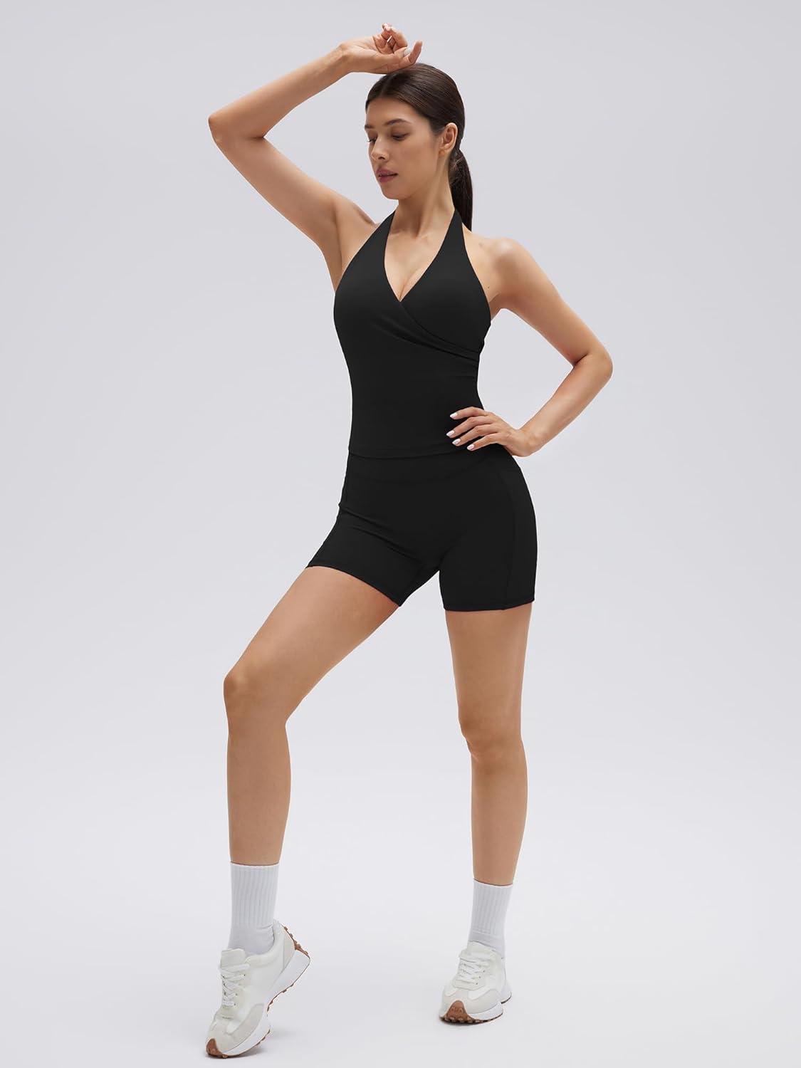 SUUKSESS Women 2 Piece Halter Open Back Workout Sets Padded Tank Top High Waisted Tummy Control Biker Shorts with Pockets - Image 5