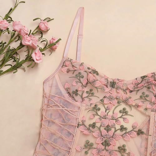Lilosy Women Sexy Lace Up Floral Embroidered Teddy Babydoll Lingerie Bodysuit Top Mesh Sheer One Piece See Through Pink Medium