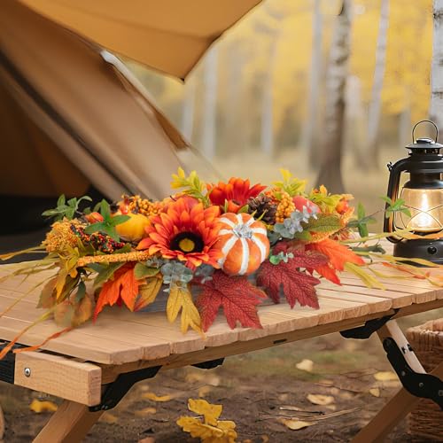 Image of Fall Centerpieces for Tables 28 inch Fall Table Centerpiece for Dining Table | Autumn Thanksgiving Table Centerpieces with Sunflowers,Pumpkins & Maple Leaves for Dining Room,Kitchen Table Decorations