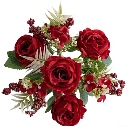 Shophubio Realistischer Rosenstrauß aus künstlichem Stoff mit mehreren Stielen für Heimdekoration und besondere Anlässe, keine Wartung erforderlich (rot)