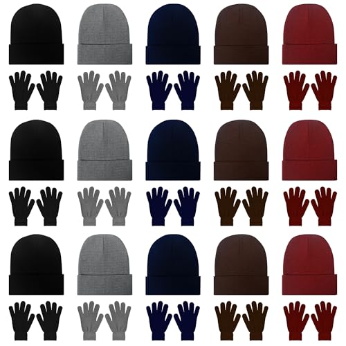 LYDTICK 30 Pack Winter Beanie Hats & Gloves Bulk for Men Women, Wholesale Cold Weather Warm Cozy Gift, One Size Multicolor
