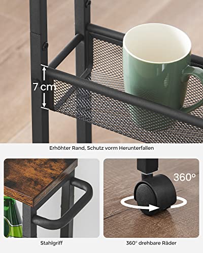 VASAGLE Rollwagen 4 Ebenen, Küchenwagen schmal, Nischenregal auf Rollen, Stahl, Griff, für kleine Räume, 13 x 45,4 x 77 cm, Küche, Bad, Wohnzimmer, Arbeitszimmer, vintagebraun-schwarz LRC032B01V1