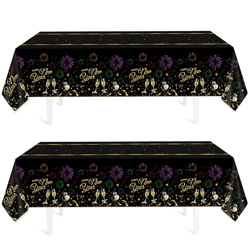 Image of Childom 2 Pack Happy New Year Tablecloths,Happy New Years Decorations 2026,Disposable Rectangular Tablecloths Plastic 54 inchx108 inch,Black and Gold Table Cloth for Home Dining Outdoor Holiday Party Supplies