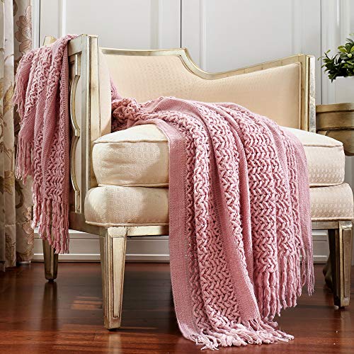 Crevent Textured Solid Soft Sofa Couch Knitted Decorative Throw Blanket With Fringe For Girls, Soft Warm Cozy Light Weight For All Season Use (50''X60'' Dusty Pink/Coral) #TOP29