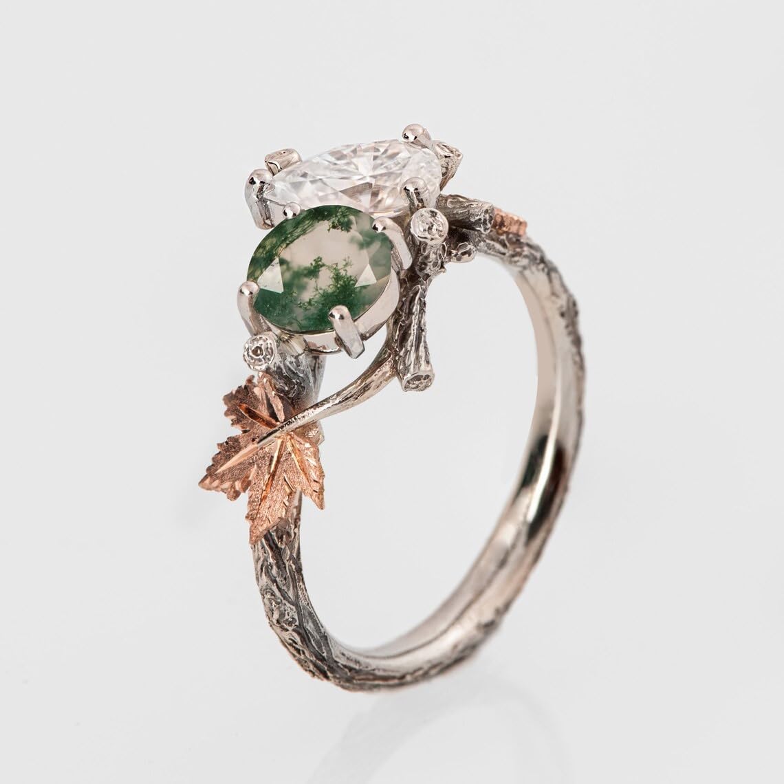 Natural Moss Agate Ring for Women 925 Sterling Silver Green Agate Promise Ring with Vine Leaf Engagement Wedding Jewelry Gift for Women Free Engraving-A7