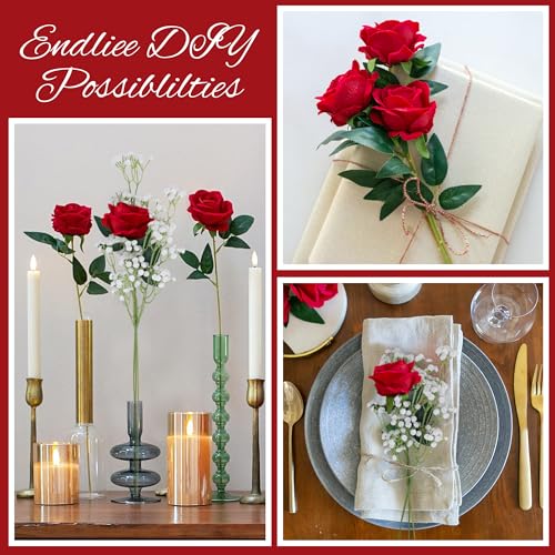 Image of HyeFlora 35 PCS Artificial Red Roses with 15 PCS Fake Baby Breath Realistic Fake Flowers Bouquet with Long Stem for DIY Wedding Party Home Decoration Vase Tables Centerpieces Arrangements Gift for Her