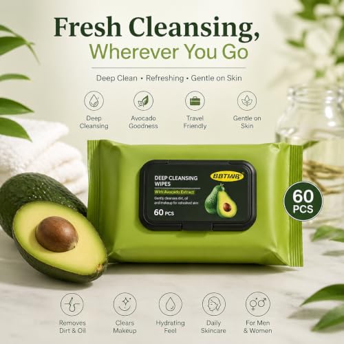 Image of Deep Cleansing Face Wipes, 60 Pcs, Avocado, Men & Women