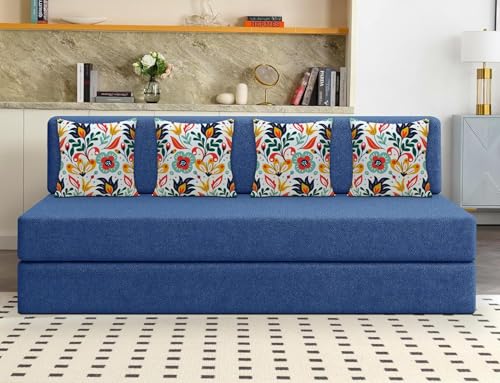 Image of Los Angeles Foldable Four Seater Sofa Cum Bed, Sofa Bed 6 X 6 Ft, Jute Fabric Washable Cover- Including Cushion Perfect for Living Room - Blue