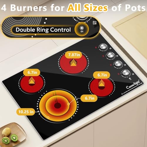 Image of 30 Inch Electric Cooktop, 4 Burner, 7200W Knob Control | Built-in radiant cooktop with ceramic glass, 4 zones and flat-bottom cookware use; 220-240V hardwired