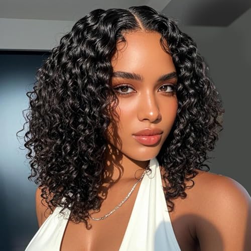 kimosahair Curly Bob Wig Human Hair 200 Density 13x4 HD Lace Frontal Deep Wave Wigs for Black Women Short Bob Wig Human Hair Glueless Wear and Go Pre Plucked Deep Wave Lace Wigs Natural Black 14 Inch