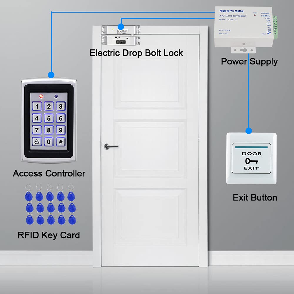 KUMU Sistema di Controllo Accessi Porta RFID Impermeabile Tastiera in Metallo+Serratura Elettrica con Catenaccio +Copertura Antipioggia +Pulsante di Uscita + 15pcs Portachiavi per Casa/Ufficio