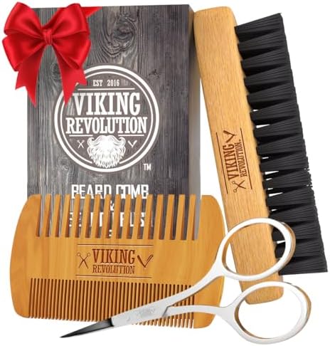 Viking Revolution Beard Comb & Beard Brush Set for Men - Natural Boar Bristle Brush and Dual Action Pear Wood Comb w/Velvet Travel Pouch - Great for Grooming Beards and Mustaches