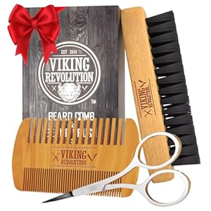 Viking Revolution Beard Comb & Beard Brush Set for Men — Natural Boar Bristle Brush and Dual Action Pear Wood Comb w/Velvet Travel Pouch – Great for Grooming Beards and Mustaches