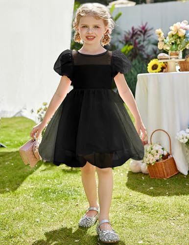 Arshiner Toddler Girls Dress Contrast Mesh Puff Short Sleeve Flowy Bubble Hem Organza Casual Party Dresses Size 2-64
