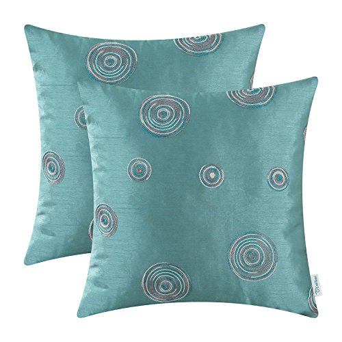 CaliTime Pack of 2 Cushion Covers Throw Pillow Cases Shells for Sofa Couch Home Decoration 18 X 18 Inches Modern Random Circles Rings Geometric Chain Embroidered Teal