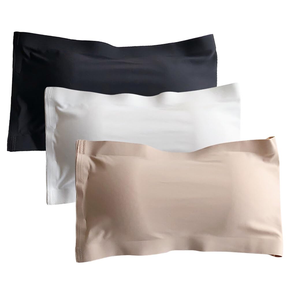 EUBUY Strapless Bra for Women, 3 Pack Soft Elastic Breathable Comfortable Bandeau Bra Padded Strapless Bralette Tube Top Wireless Bra