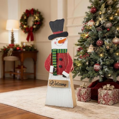 Image of Glitzhome 30 inchH Christmas Chunky Wood Snowman Porch Sign, Standing Snowman Porch Decor with Black Top Hat and Red Coat,Merry Christmas Welcome Sign for Holiday Front Porch Outdoor Decorations