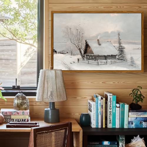 crmotu Vintage Framed Wall Art, Country Winter Scene Canvas Pictures, Snow Farmhouse Cottage Art Prints, Rustic Landscape Wall Paintings for Living Room Bedroom Bathroom Decor Aesthetic 20x30in