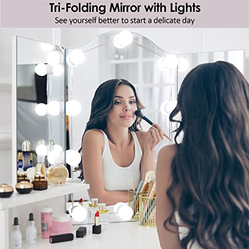 Vabches Vanity Makeup Table Set, Corner Vanity Table, Make Up Vanity Station For Bedroom, 3 Lighting Color, Brightness Adjustable, White #TOP6