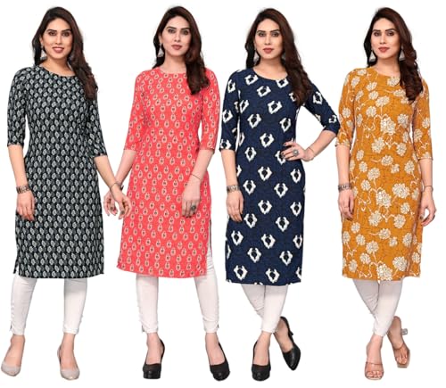 Image of JAKHANA Women's Crepe Printed Casual Straight Calf Length Round Nick Kurta Pack of 4