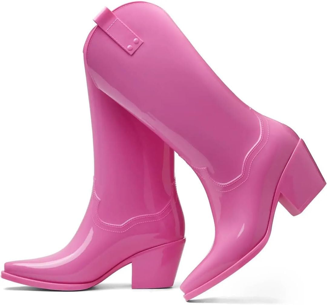 Women's Rain Cowboy Boots Rubber Boots For Women Chunky Mid Heel Rain Shoes