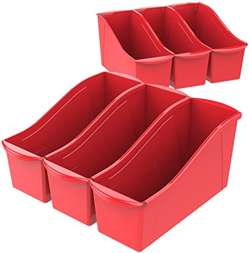 Storex Large Book Bin, Interlocking Plastic Organizer for Home, Office and Classroom, Red, 6-Pack (71102U06C)