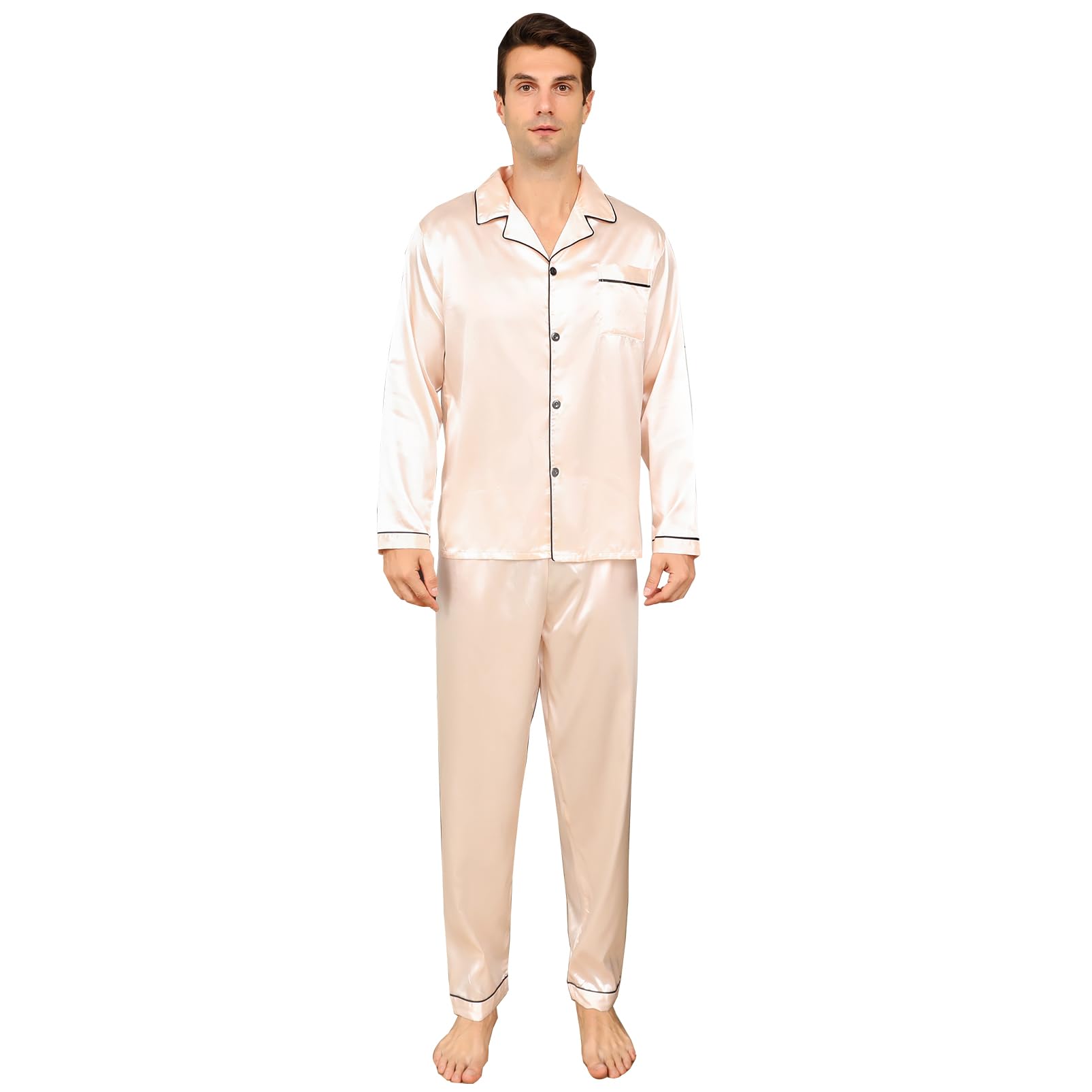 RuanMM Satijnen pyjamaset met korte mouwen, zijdeachtige pyjamabroek, hoogwaardige button-down-nachtkleding, veelkleurige zijdeachtige pyjamaset voor heren, Witte klaver, M