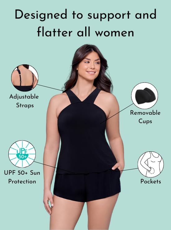 Aqua Green Womens Slimming High Neck Adjustable Swim Romper with Pockets - Image 5