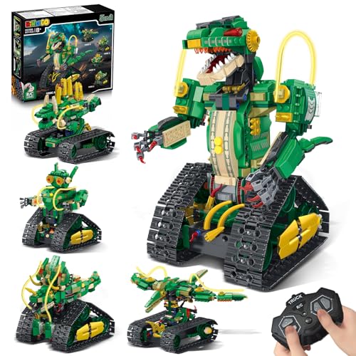 HiWEEGO Technik Roboter für Kinder mit Licht - 5 in 1 Dinosaurier Fernbedienung Bausatz 877 Teile RC Robot Wiederaufladbar Spielzeug Geschenk für Jungen und Mädchen 812 Jahren
