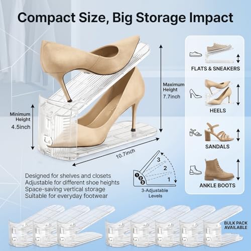 14 Pack Shoe Slot Organizer Space Saver, Adjustable 3-Height Levels Shoe Stacker for Closet Storage, Double-Layer Shoe Slots Rack Holder for Sneakers, Heels & Flats