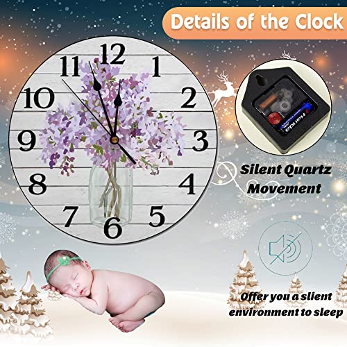 Godblessign Farmhouse Wall Clock Mason Jar With Lilacs Wooden Wall Clocks Kitchen Wall Decor Silent Wall Clock Battery Operated Easy To Read Rustic Decorative For Kitchen 10 Inch #TOP2