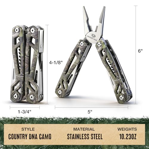 Image of MOSSY OAK Multitool, 22-in-1 Stainless Steel Pliers with Screwdriver Sleeve, Camo Steel Handle, Self-locking Knife with Sheath-Perfect for Outdoor, Survival, Camping, Hiking, Simple Repair