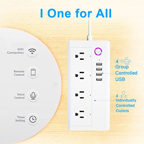 Smart Power Strip, Wifi Smart Plug Surge Protector With 4 Individually Controlled Smart Outlets And 4 Usb Ports Works With Alexa And Google Home, 5Feet Extension Cord, App/Remote/Voice Control, 10A #TOP1