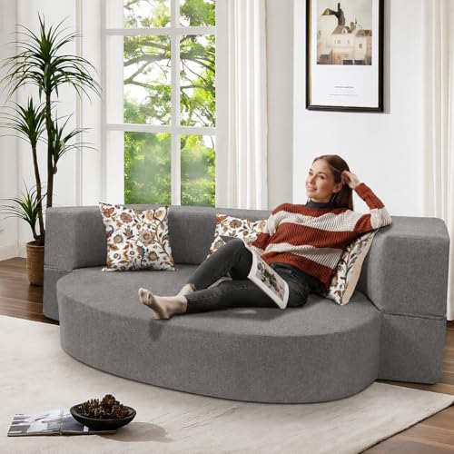 Image of DIVISHA HOMES Round Three Seater C-Type Sofa Cum Bed Stylish Jute Fabric Convertible Sofa for Living Room | Space-Saving & Comfortable for Living Room & Office - Grey
