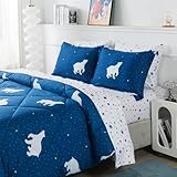 Jameswish 7 Piece Boys Star Comforter Set Twin Size Galaxy Polar Bear Animal Bed in A Bag Bedding Set for Kids Teens All Season Lightweight
