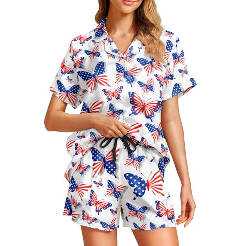 Image of Funny Pajamas for Women Set Print Satin Loungewear Pjs Short Sleeve Button Down Top and Shorts Sets Sleepwear XS-3XL
