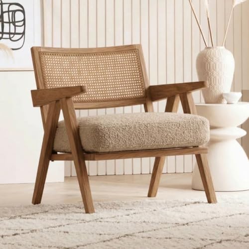 Image of Kingsman Furnitures ABEL Rattan Teak Wood Accent Arm Chair for Home Bedroom, Living, Dining, Drawing Room | Ultra Soft and Comfortable for Stress Free | Removable Cushion (KF-Bronx-Canaberra-Boucle)