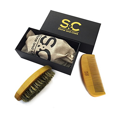Beard Brush & Comb For Men With Gift Box and Nylon Bag. Real Boar Bristle Beard Kit for Styling, Shaping & Grooming. Compact Beard Grooming Set. Natural Hair Brush for Balms and Oils by Stone & Clark