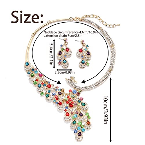 Campsis Gold Bride Wedding Statement Necklace Bridal Crystal Peacock Neckalce Earrings Jewelry Set for Women(Multicolor) - Image 3