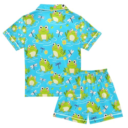 senya Frog Dragonflies Lotus Leaf Satin Summer Pajama Sets Silk Short Sleeve Button Down Sleepwear2