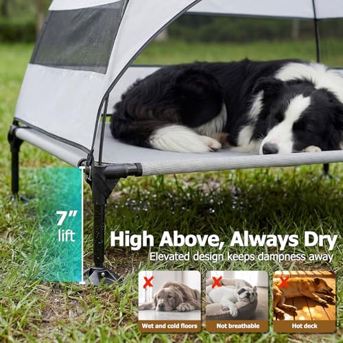 Image of Elevated Dog Bed with Upgraded Canopy, Raised Outdoor Dog Tent with Powerful Anti-Slip Feet, Portable Pet Cot with Larger Shade, Raised Cooling Bed for Camping, Backyard, Beach, Poolside