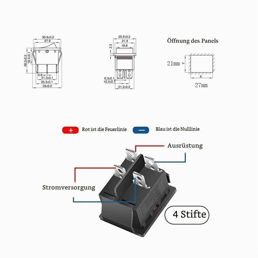2x Wippschalter ON/OFF Mit Roter LED – 16A 250V / 20A 125V, 4-polig DPST, Rechteckig, Für Geräte & Fahrzeuge JZK Wippschalter 16A 250V