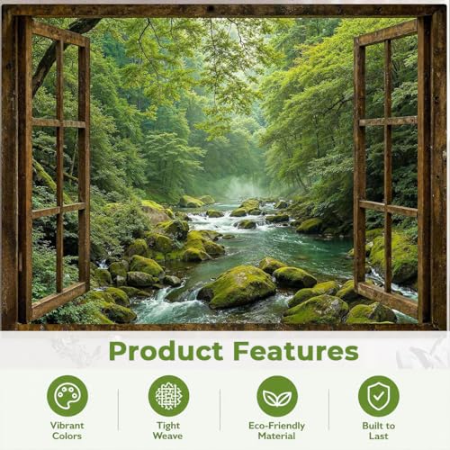 Image of HASTHIP Window Forest Tapestry Green Nature Jungle Wall Hanging with Printed Landscape for Bedroom Living Room Dorm Decor