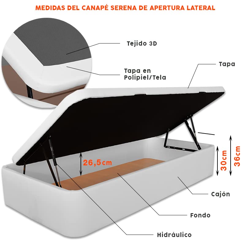 Ventadecolchones - Canapé Abatible Apertura Lateral Serena Gran Capacidad Tapizado en Tela Antimanchas Crudo Medidas 90 x 190 cm con Tapa con Borde en Tela + Tejido 3D