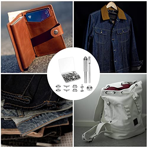 Kinbom 200Pcs Snap Button Kit Tools, 5/8 Inch (15Mm) Leather Snap Kit Snap Fastener Kit Sewing Snaps Stainless Steel Snap Repair Kit 50 Sets Buttons For Bags Jeans Clothes Fabrics (Silver) #TOP5