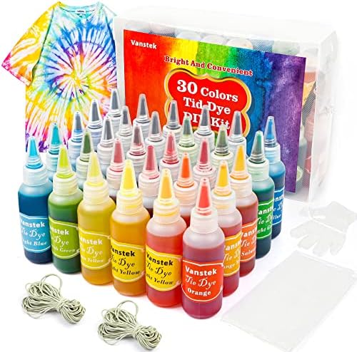 Vanstek 30 Colors Tie Dye Kit, Tie Dye Shirt Fabric Dye for Women, Kids, Men, with Rubber Bands, Gloves, Plastic Film and Table Covers for Family Friends Groups Party Supplies