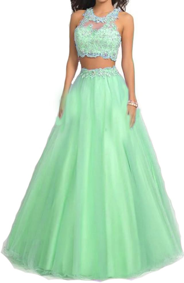 Tulle 2 Piece Prom Dress Long Homecoming Graduation Party Dresses Beaded Formal Gown