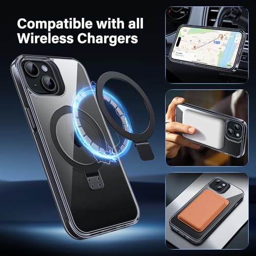 Flyzoo Magnetic Case for iPhone 15 - [Built-in Invisible Stand] [Compatible with MagSafe] [Military Grade Drop Protection] Anti-Yellowing Hard Back Silicone Edge Cover, 6.1", Clear Black by Flyzoo - Used condition - Image 3